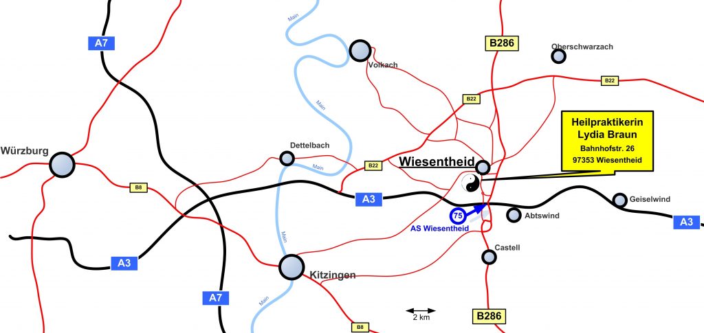 Die Naturheilpraxis liegt im Ortszentrum von Wiesentheid am Fuße des Steigerwaldes, nur wenige Auto-Minuten von Würzburg, Kitzingen, Dettelbach, Castell und Geiselwind entfernt.